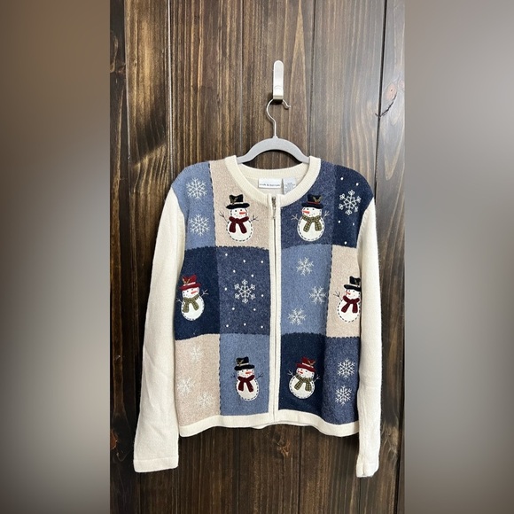 Wool-blend Snowman Patchwork Zip Cardigan- Size: Small - Picture 3 of 10
